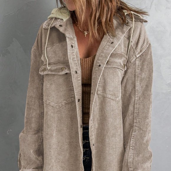 . Jackets & Blazers - Khaki Casual Womens Pocket Drop Shoulder Raw Hem Drawstring Hooded Corduroy Coat